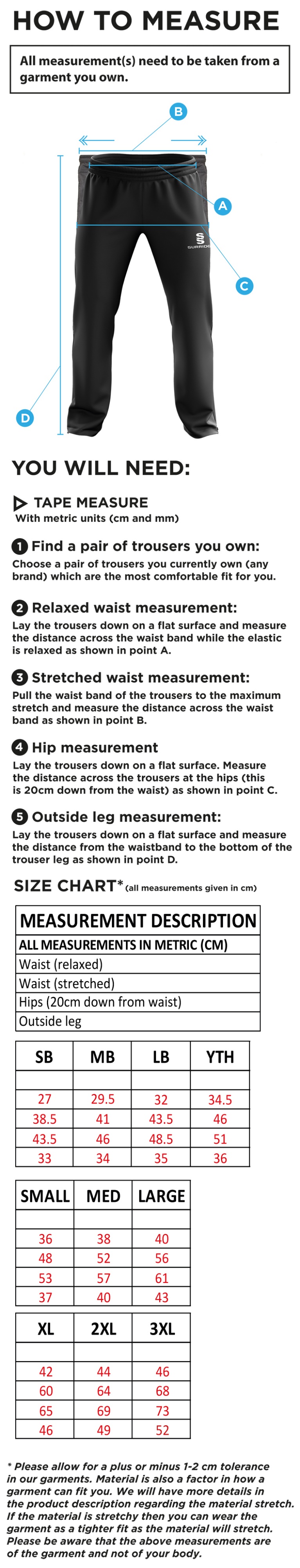 Holcombe & Blue Bell Hill CC Ladies Ripstop Track Pant - Size Guide
