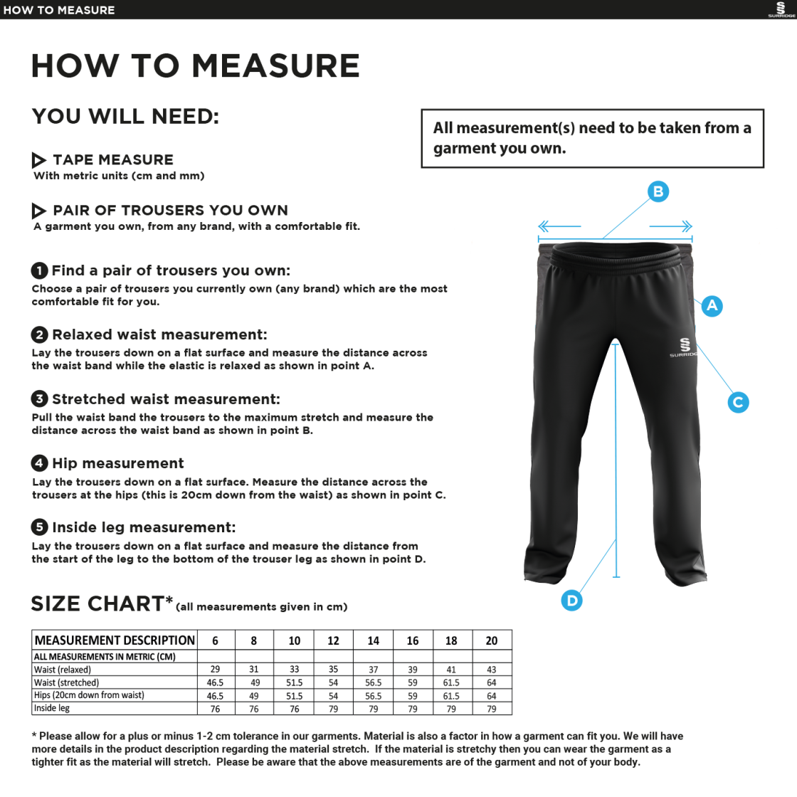 Holcombe & Blue Bell CC Ladies Poplin Track Pants - Size Guide