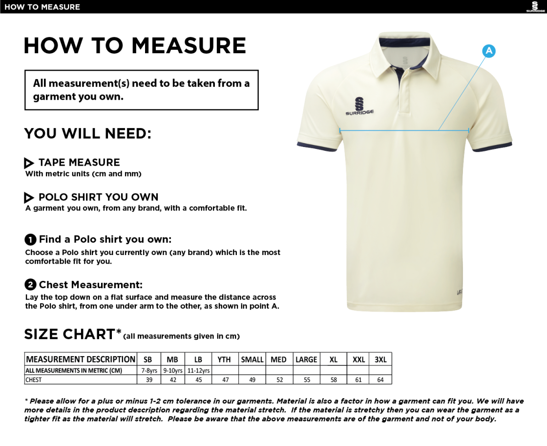 Holcombe & Blue Bell Hill CC Ergo Short Sleeved Shirt - Size Guide
