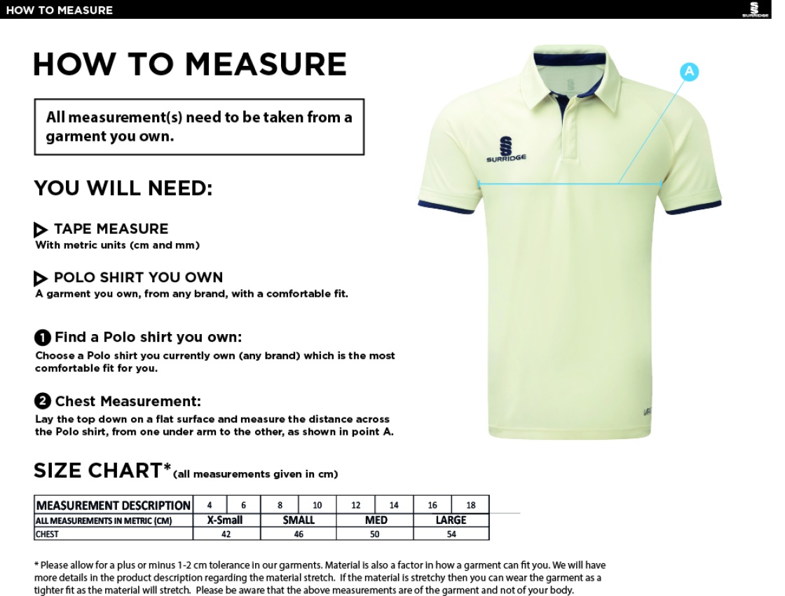 holcombe & blue bell hill cc Dual Cricket Shirt Short Sleeve Womens - Size Guide