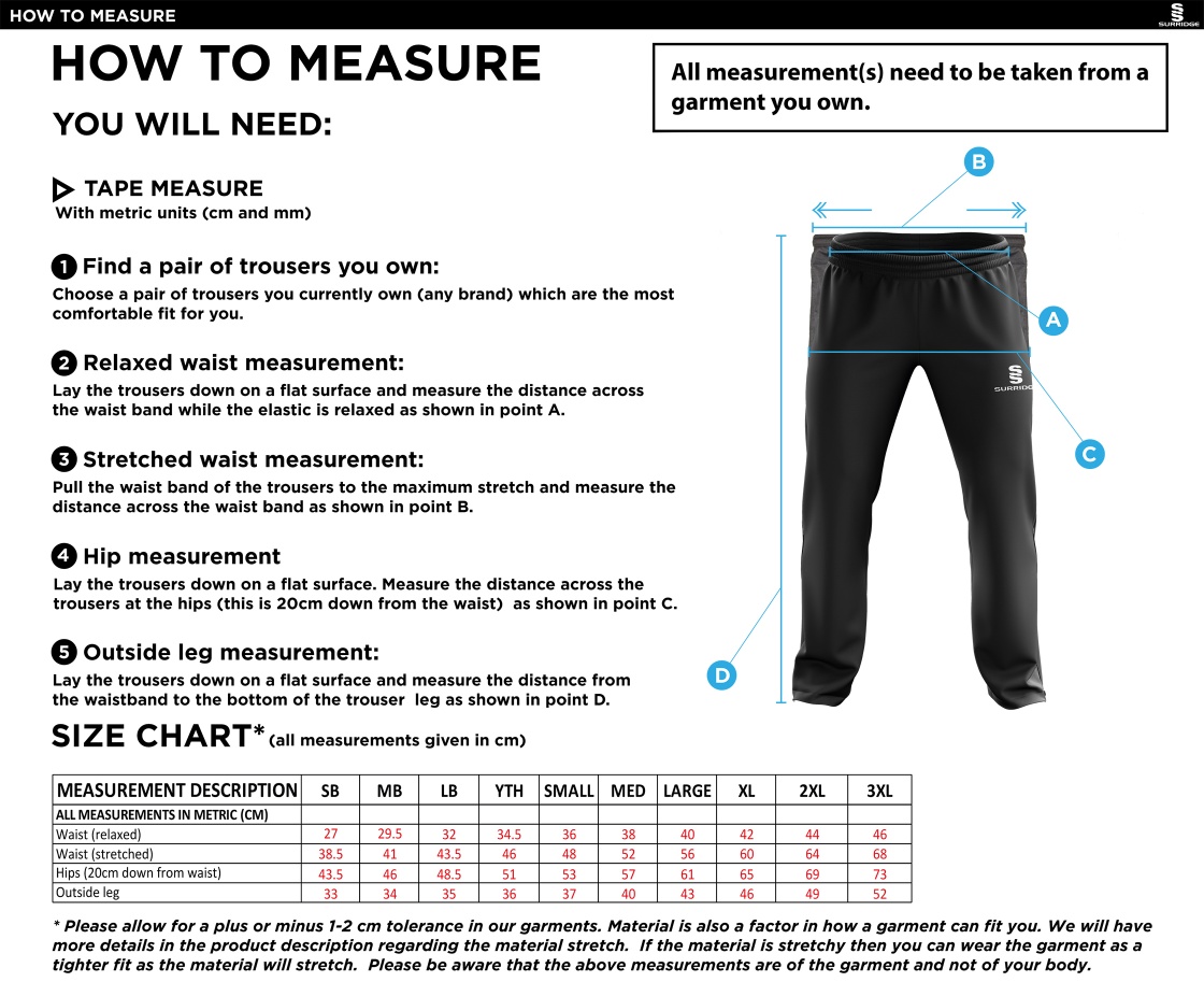 Holcombe & Blue Bell Hill CC Ladies Ripstop Track Pant - Size Guide