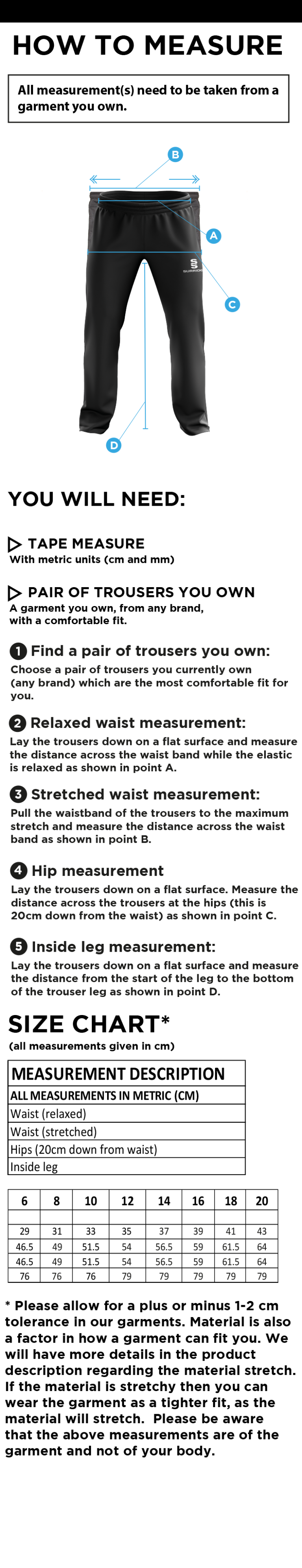 Holcombe & Blue Bell CC Ladies Poplin Track Pants - Size Guide