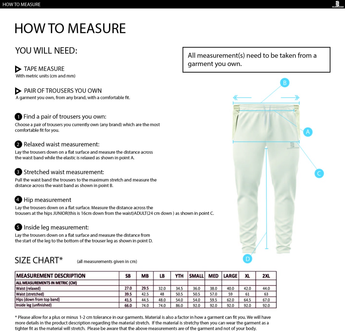 Holcombe & Blue Bell Hill CC Tek Playing Pant - Size Guide