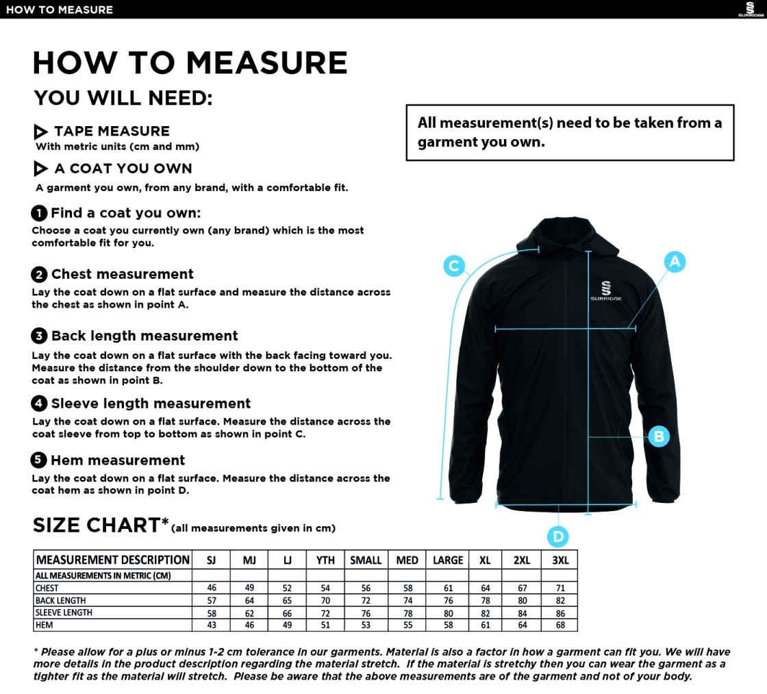 HOLCOMBE & BLUE BELL HILL CC Dual Elite 1/4 Zip Hoody / Rain Jacket : Navy - Size Guide