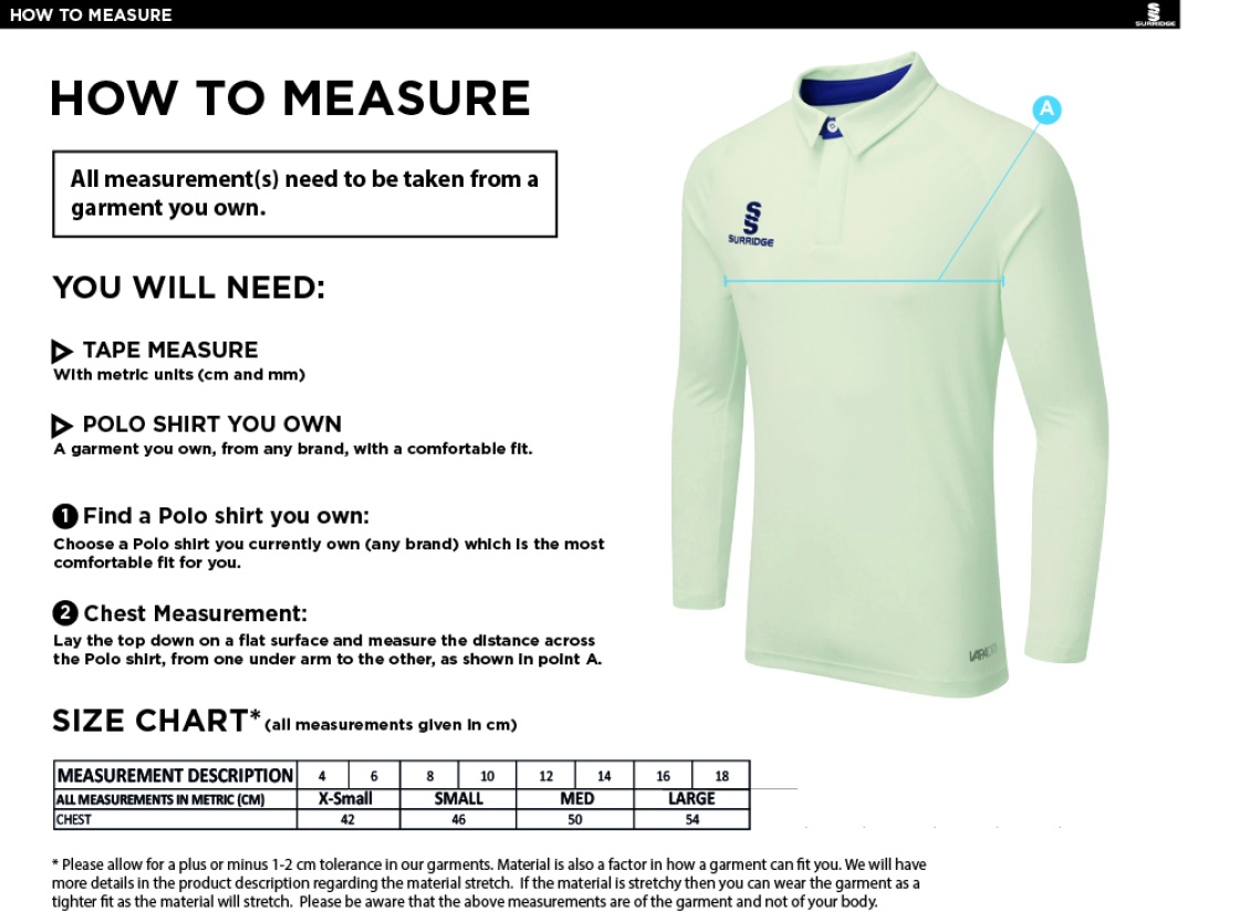 HOLCOMBE & BLUE BELL HILL CC DUAL LONG SLEEVE CRICKET SHIRT (WOMENS)-Ivory - Size Guide