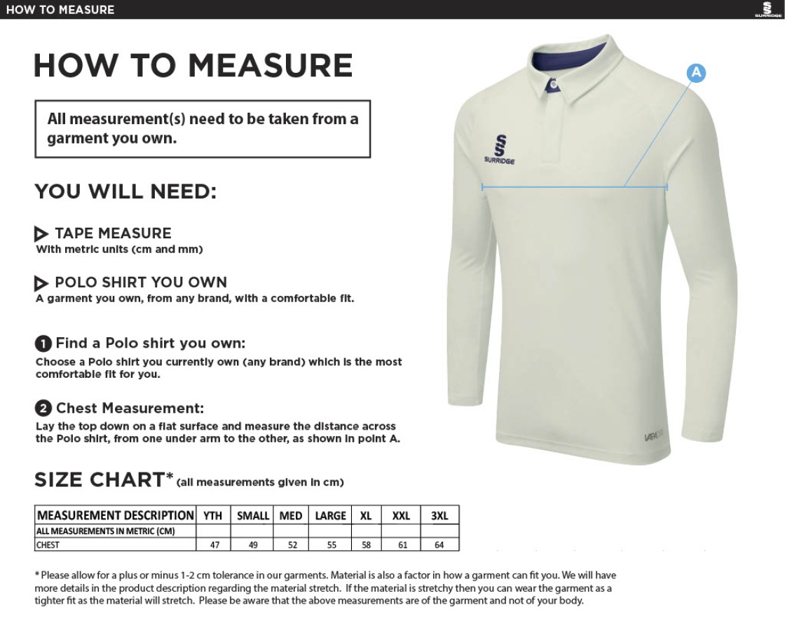Holcombe & Blue Bell Hill CC Ergo Long Sleeved Shirt - Size Guide